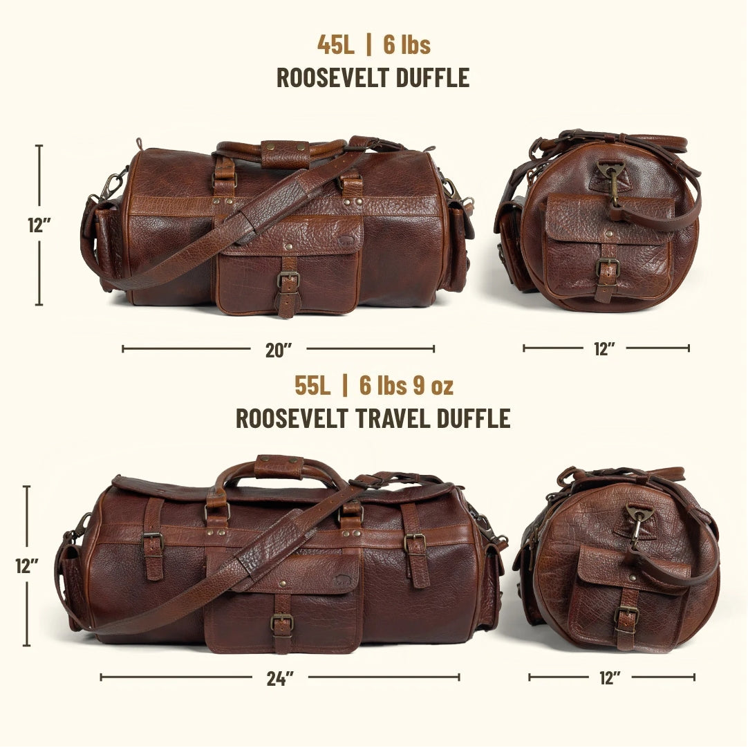 The Limited Edition Roosevelt Buffalo Leather Travel Duffle Bag is a full-grain water buffalo leather duffle built for travel and extended trips.
Specifications
Exterior dimensions: 24 inches long, 11 inches wide, 11 inches high. Shoulder strap length: 61 inches fully extended, 49 inches at shortest setting. Total weight: 6 pounds 9 ounces (6.56 lbs / 2.98 kg). Capacity: 55 liters. Material: full-grain water buffalo leather.