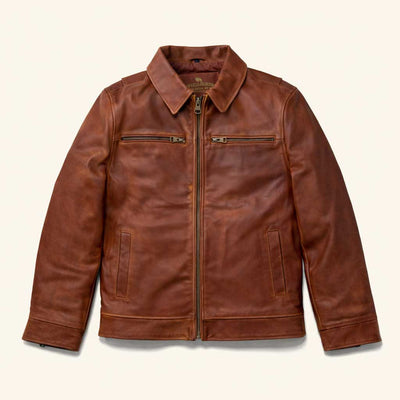 Oil Tanned, Cow Leather, Full Leather Brown with Zippered Sleeves, Tapered, and Chest Pocket Zippers