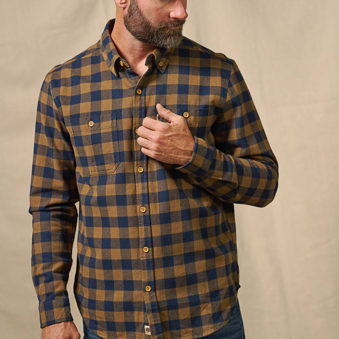 Fabric texture close-up of Waxhaw Buffalo Plaid Flannel Shirt Navy and Brown showing brushed softness and midweight weave