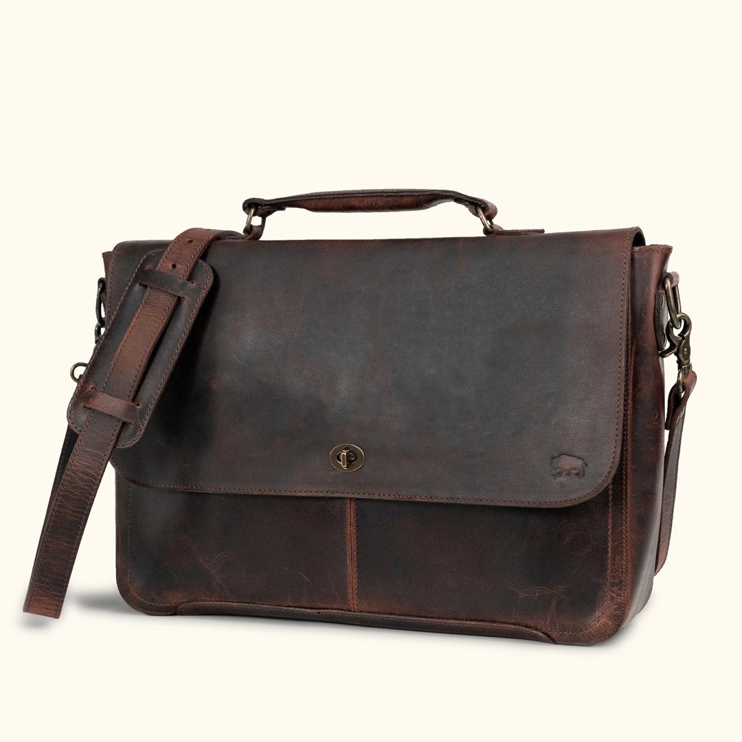 Roosevelt Full-Grain Leather Laptop Messenger Bag in Dark Oak — antique brass turn-lock clasp, adjustable strap, front angle