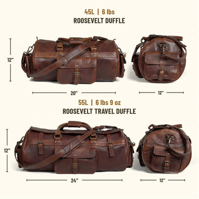 The Limited Edition Roosevelt Buffalo Leather Travel Duffle Bag is a full-grain water buffalo leather duffle built for travel and extended trips.

Specifications

Exterior dimensions: 24 inches long, 11 inches wide, 11 inches high. Shoulder strap length: 61 inches fully extended, 49 inches at shortest setting. Total weight: 6 pounds 9 ounces (6.56 lbs / 2.98 kg). Capacity: 55 liters. Material: full-grain water buffalo leather.