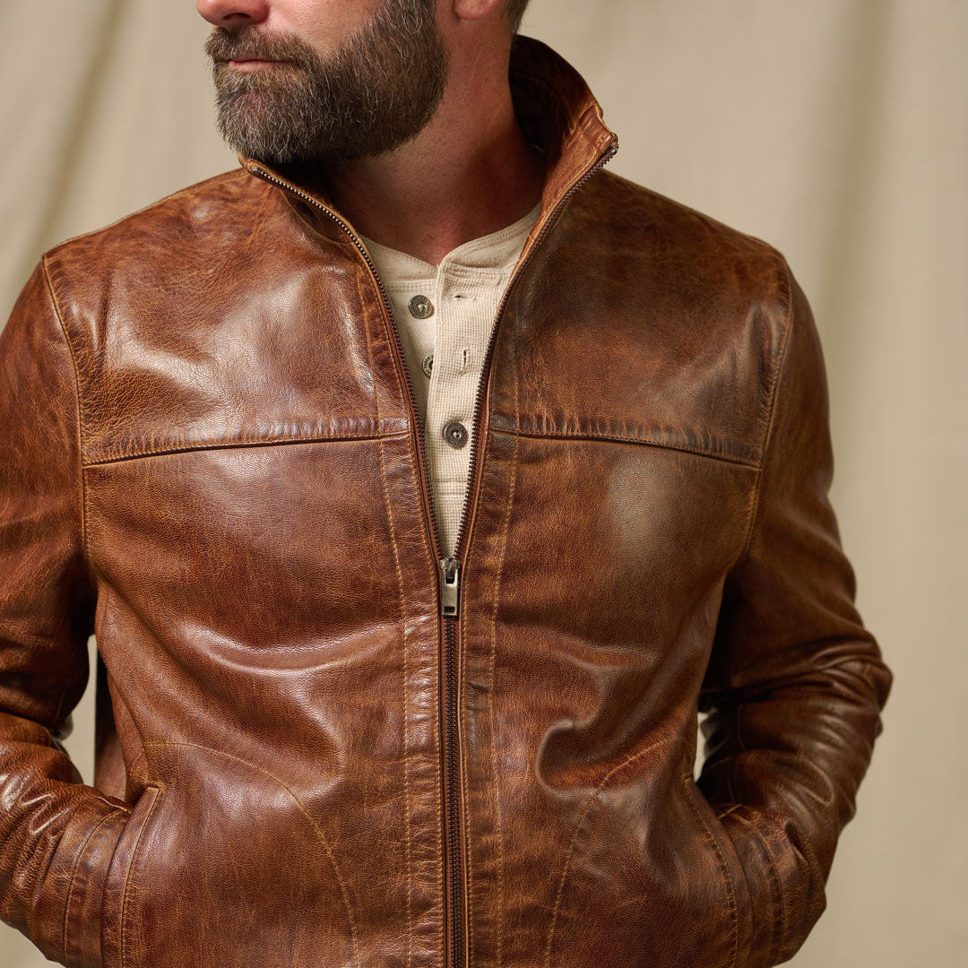 Sedona Jacket in Copperwood Brown — warm red-toned vintage wash and zipper detail