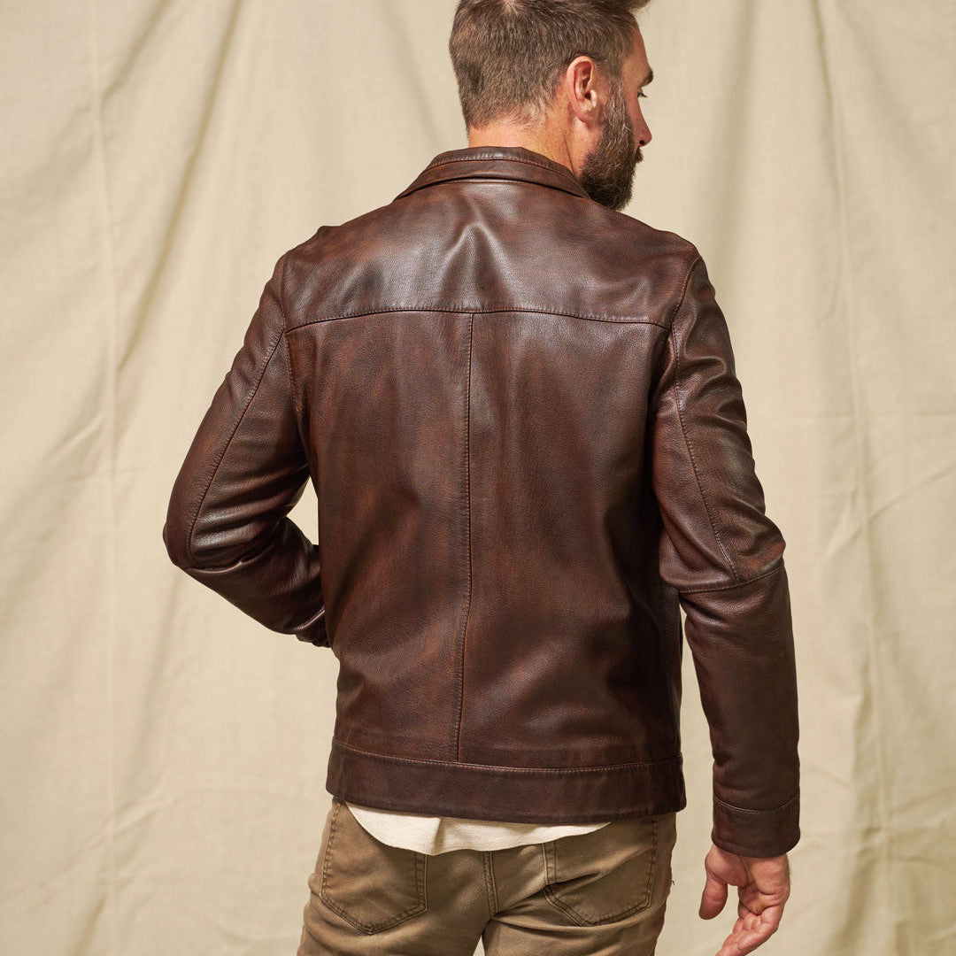 Back view of the Sedona Leather Jacket in Ironwood Brown — clean seam construction and tailored silhouette