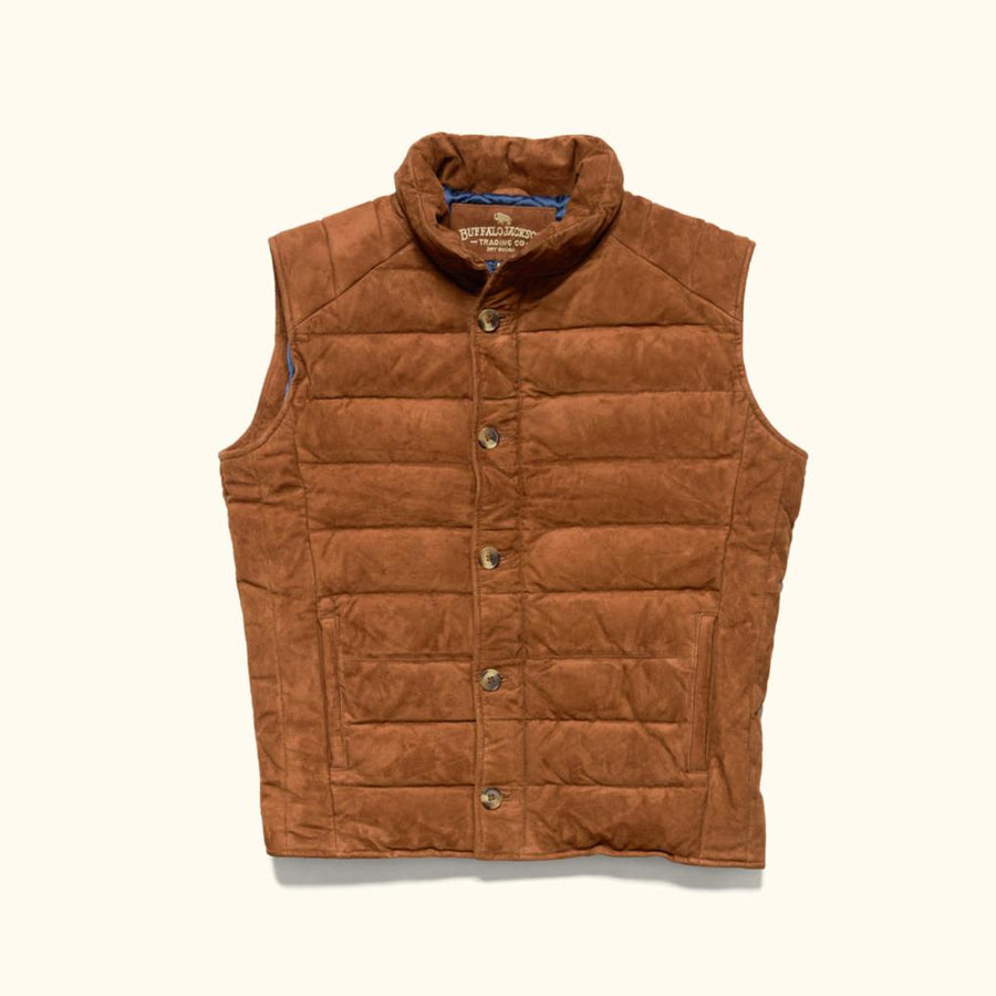 A brown suede leather vest with quilted patterns and a mandarin collar, featuring button closures and two front pockets.