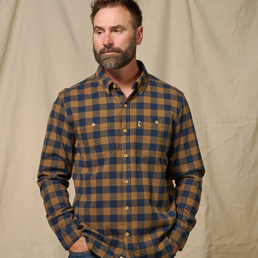 Waxhaw Buffalo Plaid Flannel Shirt Navy and Brown front view – rugged 100% cotton flannel with bold navy and brown buffalo plaid pattern