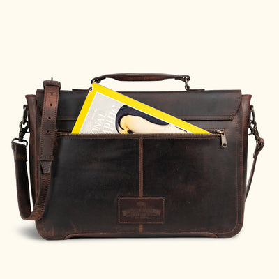 Roosevelt Leather Messenger Bag in Dark Oak — full-grain buffalo leather with antique brass hardware and magazine pocket