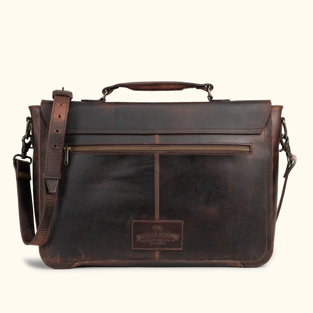 Roosevelt Leather Messenger Bag rear view — secure back zipper pocket in full-grain Dark Oak water buffalo leather