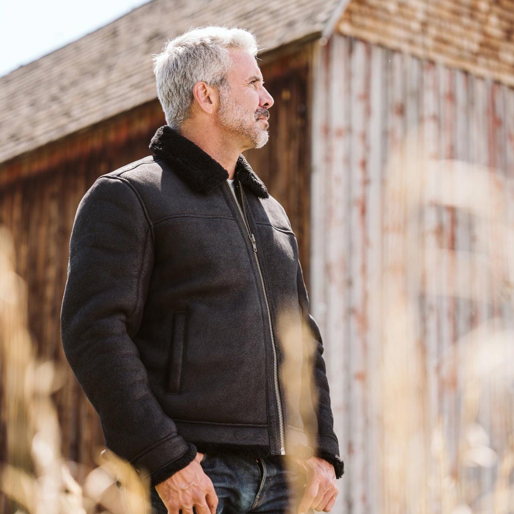 Outdoors - WW2 Black Bomber Sheepskin Jacket
