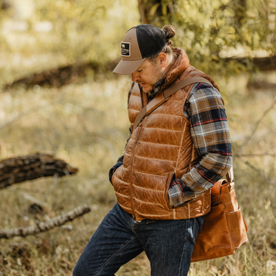 Men's Leather Down Vest | Light Brown